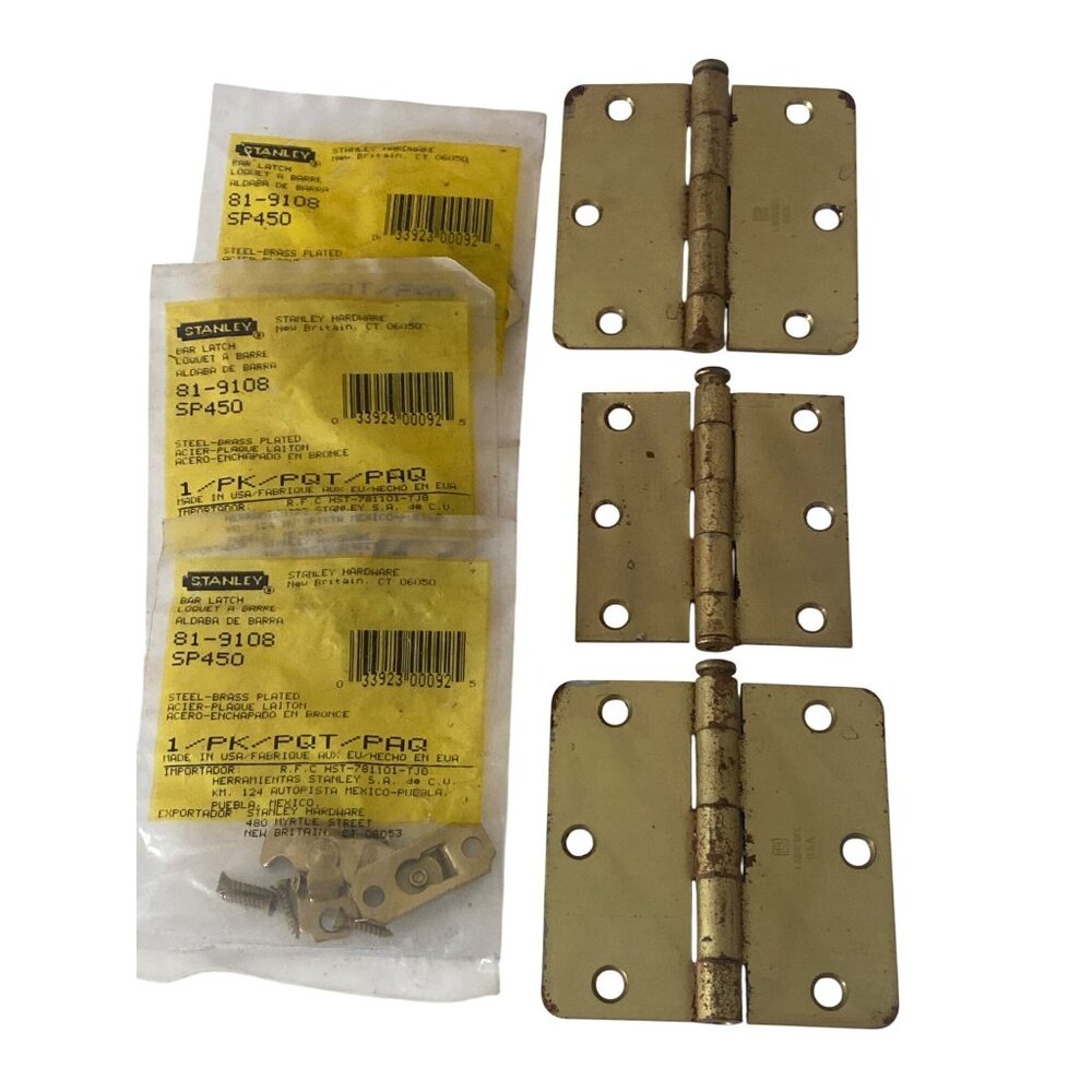 Antique Lawrence USA Brass Door Hinges Stanley Bar Latch Hardware